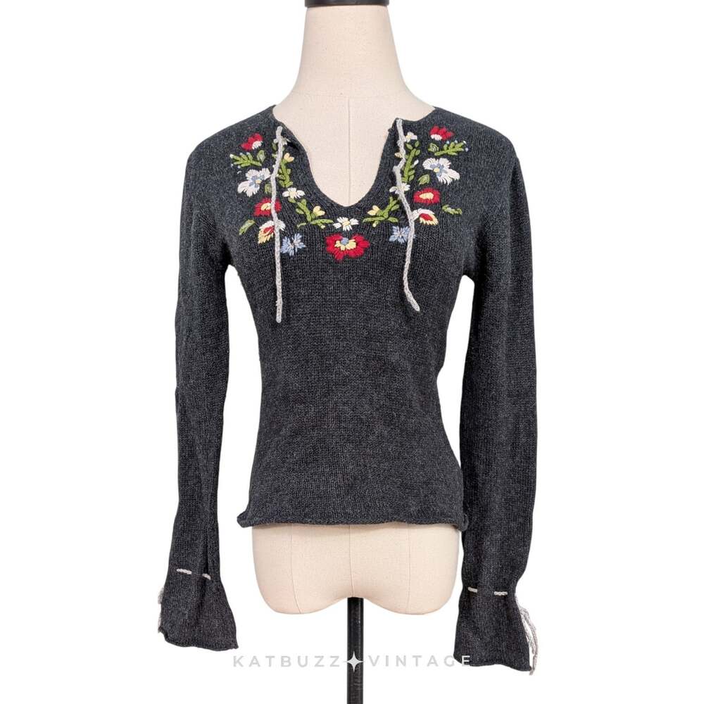 Y2K No Boundaries Sweater S Gray Multi Floral Embroider Alpine Bell Boho Vintage